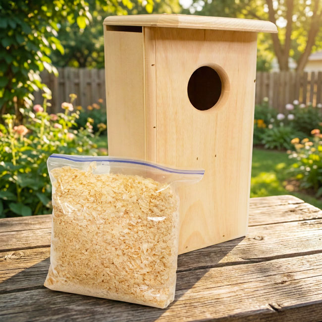 kestrel or screech owl nest box with bag of wood chips