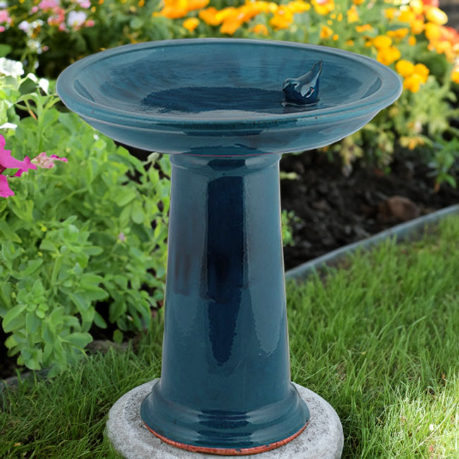 Esschert Design Ceramic Bird Bath and Pedestal, Teal