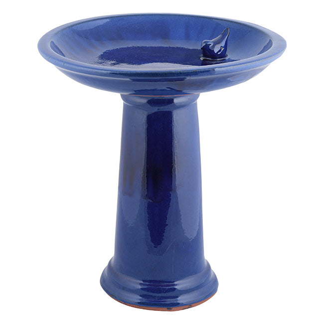 Esschert Design Ceramic Bird Bath and Pedestal, Cobalt Blue