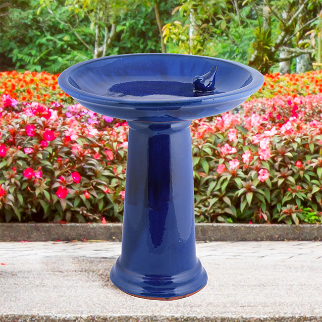 Esschert Design Ceramic Bird Bath and Pedestal, Cobalt Blue