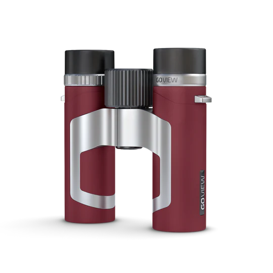 Red and silver binoculars with black eyecups, with 8x zoom power.  perfect for bird watching.  The brand name GOVIEW is visible on the eyecups and side.
