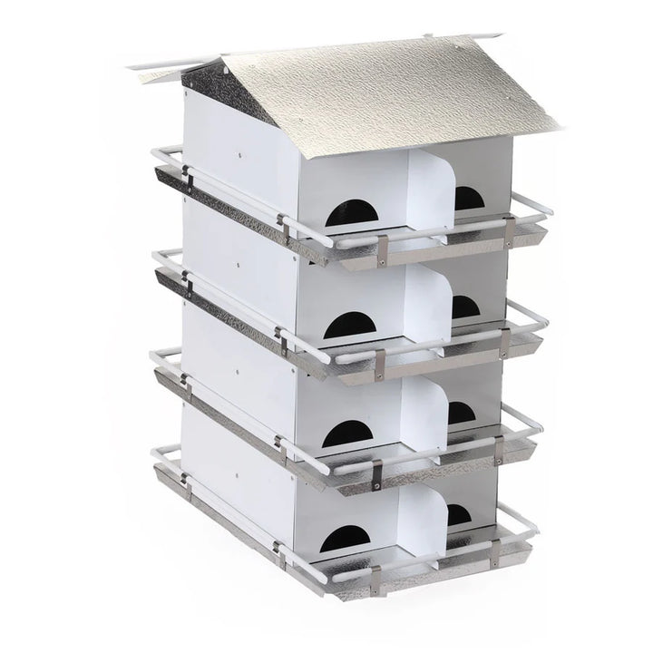 Multi-level birdhouse with a white and gray design on a white background