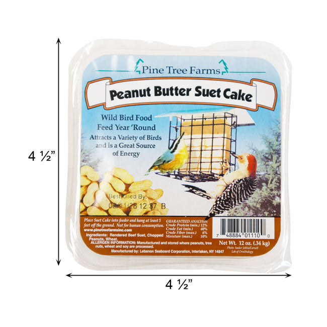 Pine Tree Farms Peanut Butter Suet Cake packaging with dimensions and bird illustration 