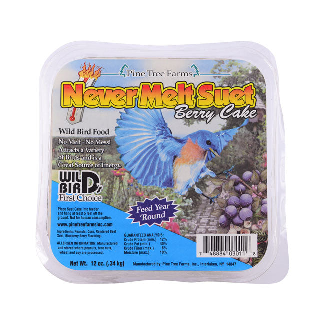 Pine Tree Farms Never Melt Suet Berry Cake packaging with a bird on the label.