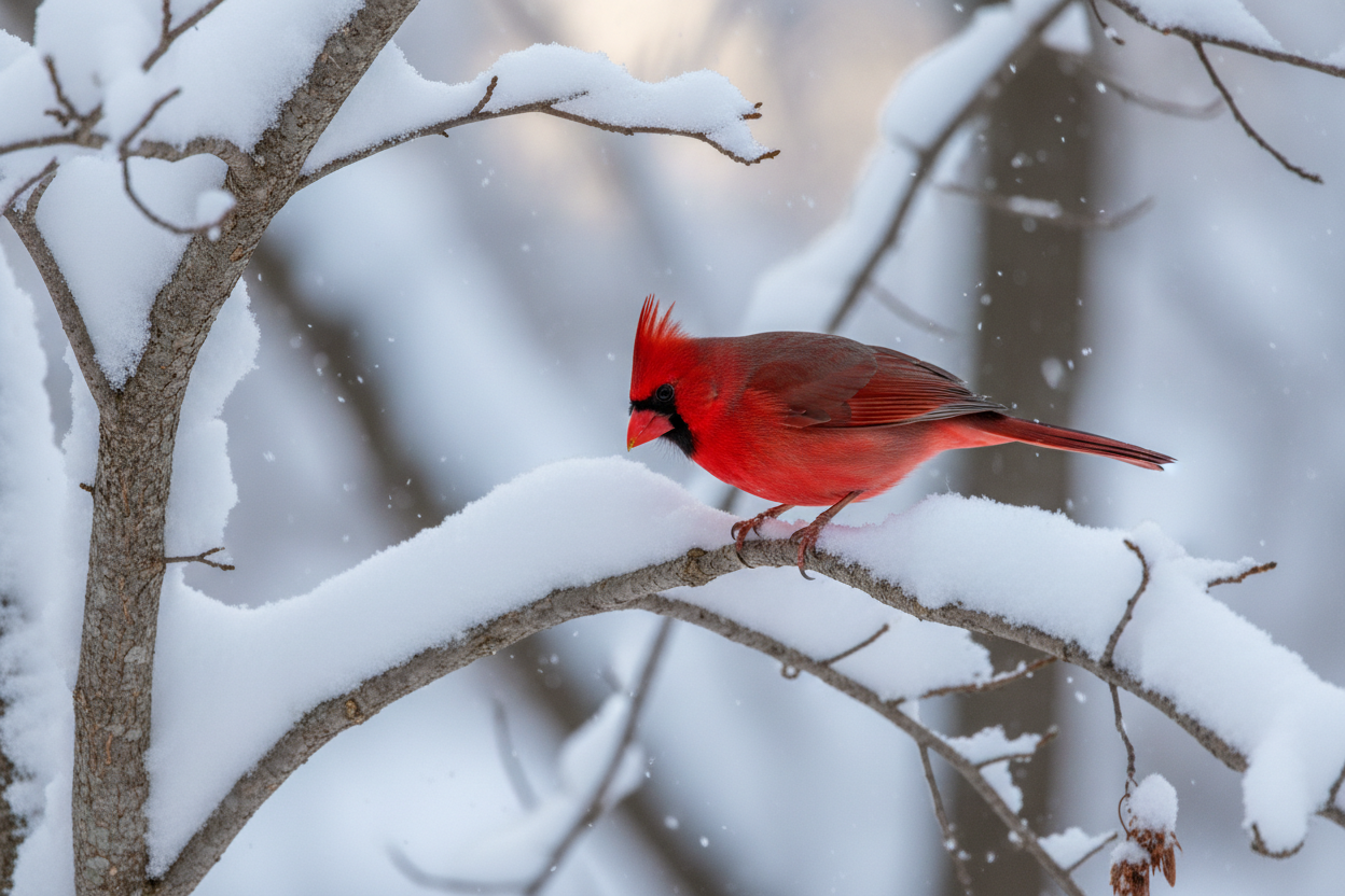 cardinal red bird in winter looking for food.  