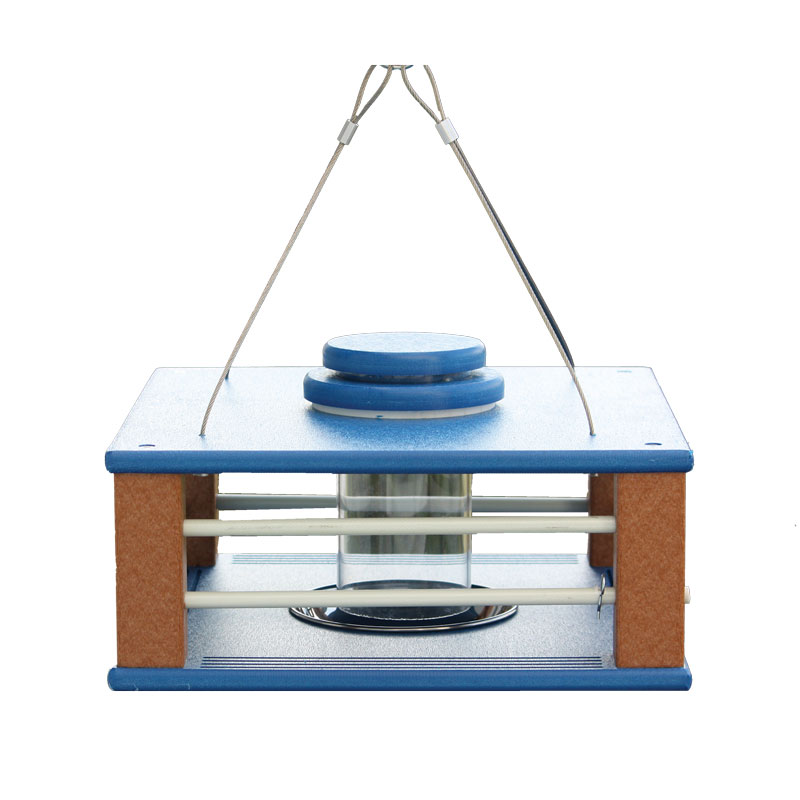 Blue Bird feeder with blue platform and wooden base