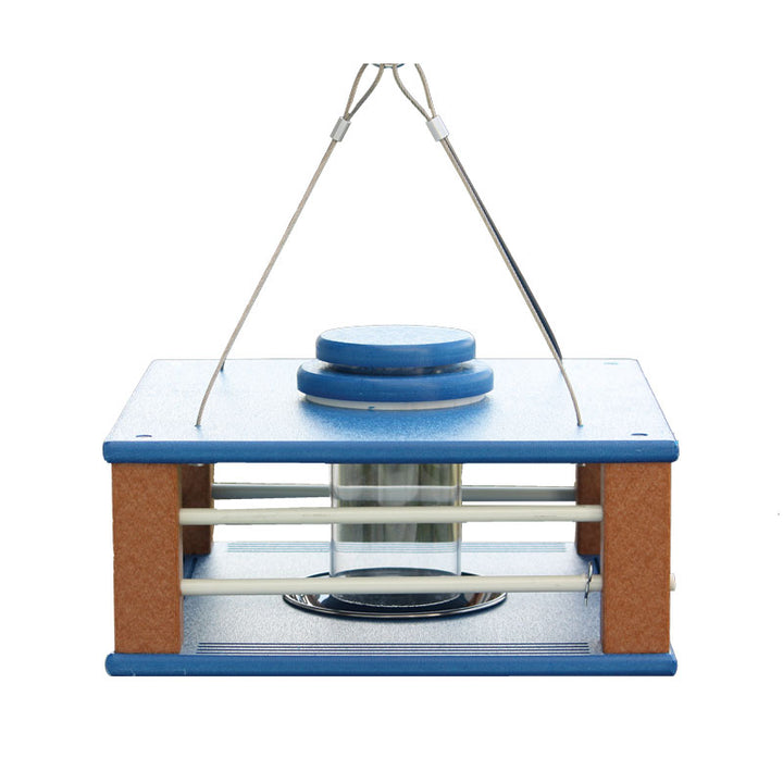 Blue Bird feeder with blue platform and wooden base