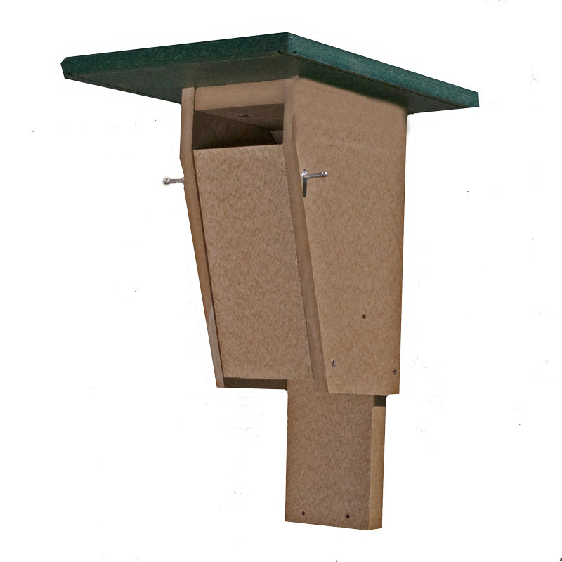 BlueBird house with green roof and brown body on a white background