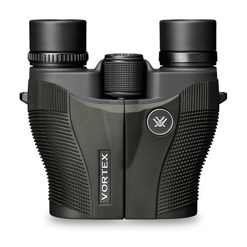 A pair of Vortex Vanquish 10X26 binoculars with black rubber armor and silver detailing.