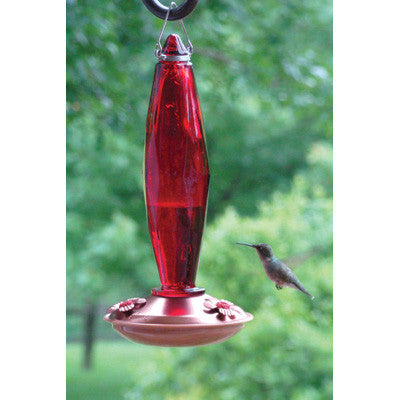 Copper Color Hummingbird Feeder - Jewel Cut Ruby Glass Medium